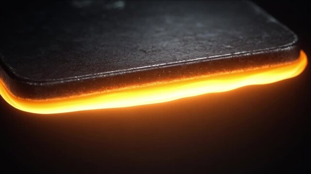 Cinematic macro surface texture background of glowing molten metal edge and dark rectangular gadget creating dramatic light contrast abstract industrial heat wave pattern minimal futuristic design