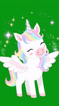 Cute cartoon unicorn pegasus with rainbow mane and sparkling stars animation, magical fantasy creature loop