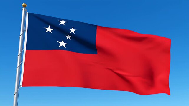 Waving Samoan flag against a clear blue sky, featuring red and blue colors with white stars, national symbol