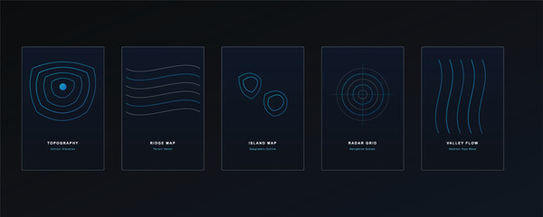 Topography, ridge map, island map, radar grid, valley flow, five blue line geographic on dark background, for map © akter