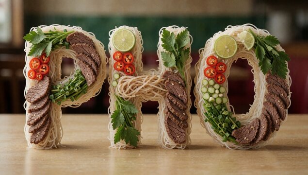 Letters made noodles meat arranged way form shape letter decorated various ingredients such sliced tomatoes gr