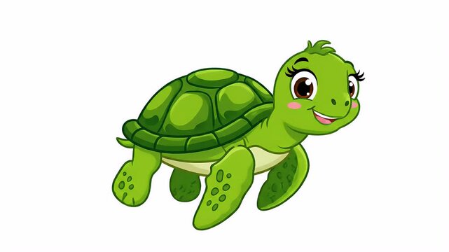 Cute pixel art green turtle swimming, playful cartoon animal character, motion graphic