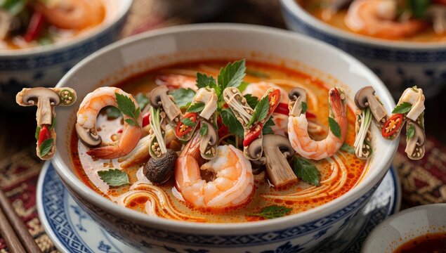 Bowl soup shrimp mushrooms blue white patterned rim placed red tablecloth pair chopsticks resting side pink ap