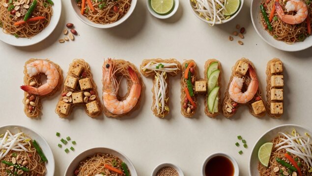 Flat lay different types noodles arranged shape word hotel there plates total each type dish circular pattern