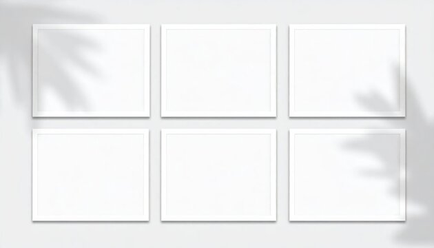 Six blank white horizontal frames arranged in a 2x3 grid on a light gray wall with subtle leaf shadows, perfect for mockups.