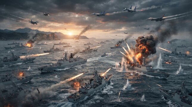 Epic Battlefield Scene with Explosions and Aircraft.