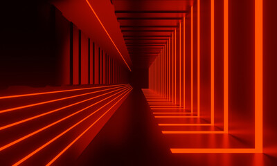 Fototapeta premium 3D Red neon tunnel. Futuristic dark sci fi corridor with glowing red neon light strips and reflective floor background