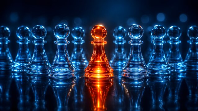 A brilliant orange chess pawn stands out from a line of blue pieces, representing exceptional leadership, individuality, and strategic vision.