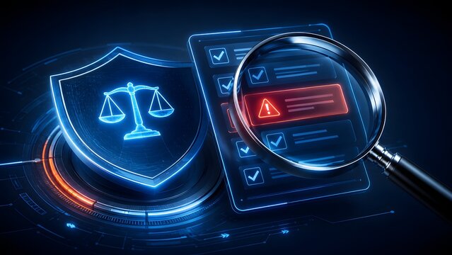 A magnifying glass inspecting digital legal documents for compliance, revealing a critical warning and emphasizing cybersecurity and regulatory governance.