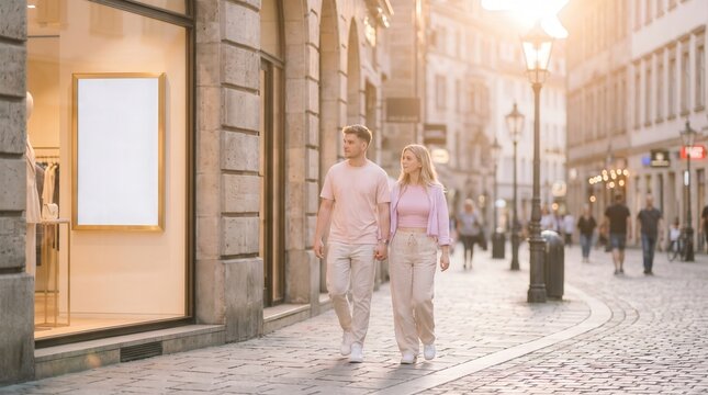Young couple walking past a blank vertical poster mockup in a retail shop window on a cobblestone street in a European old town at sunset