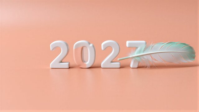 White "2077" numbers with a green feather on soft peach background.