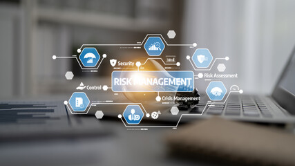 Naklejka premium This image illustrates the concept of risk management with various icons and symbols, emphasizing security, control, and crisis assessment in a business context. Tessel