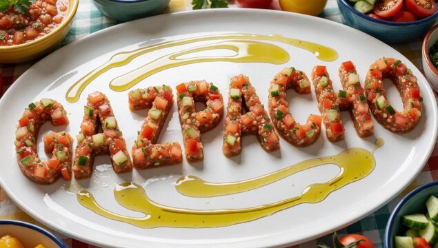 White plate word gazpacho spelled capital letters placed table green checkered tablecloth there several small