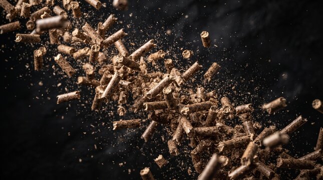 Floating natural wood pellets with wood dust for renewable biomass fuel, sustainable energy, heating systems and industrial material concepts