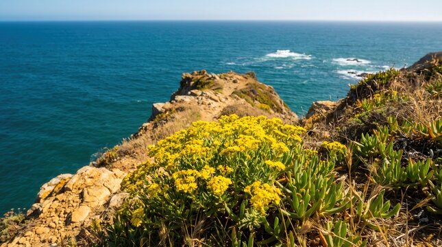 Yellow Wildflowers Blooming on Rocky Cliff Edge Overlooking the Blue Ocean for Coastal Travel and Nature Background