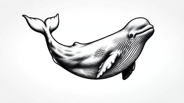 Whale swimming, line drawing animation, ocean mammal, underwater life, nature, marine animal, isolated on white