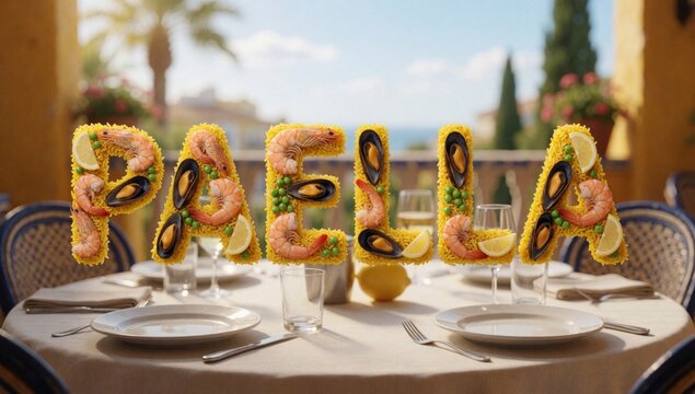 Table set meal restaurant covered beige tablecloth there white plates glasses center large letters made yellow