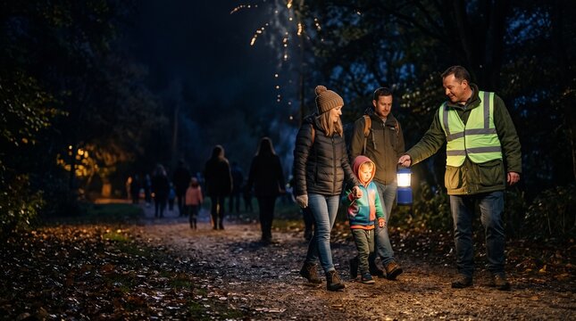 Volunteer guides families home after a community fireworks finale