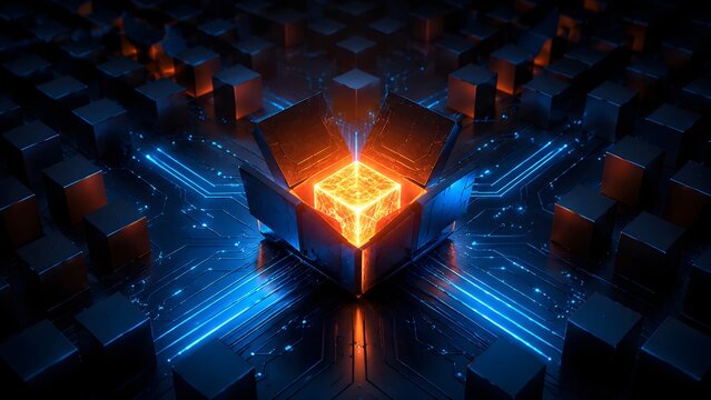 Discovering a powerful glowing data core within an open technological box, representing advanced innovation, digital intelligence, and modern computing power.