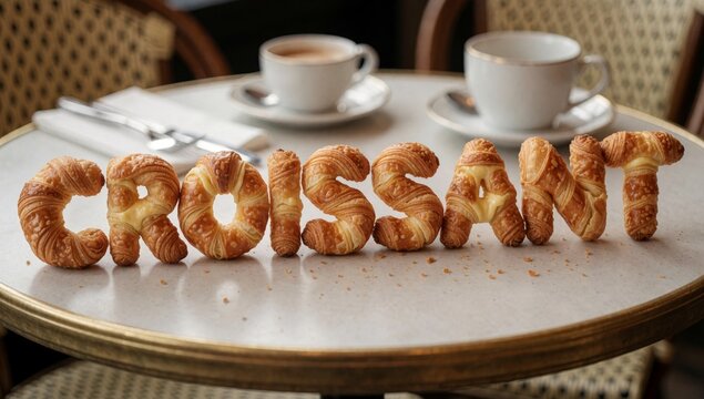 Round wooden table white plate top there several croissants arranged shape word crossant cursive font cups cof