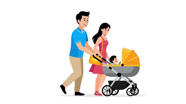 Happy family walking with baby stroller, parents pushing child carrier, parenting and lifestyle scene, isolated cartoon style