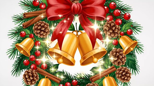 Christmas wreath decorated with pine cones, cinnamon sticks, red berries, and golden bells, tied with a red bow