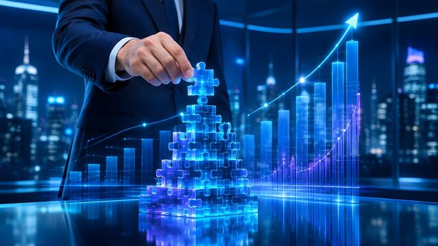 Professional businessman places a glowing puzzle piece, illustrating strategic problem-solving and achieving exponential growth for future success in a modern, innovative business environment.