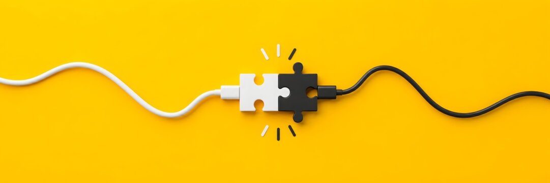 Seamless connection of white and black puzzle pieces linked by power cables, symbolizing partnership, innovation, and finding solutions in a collaborative digital landscape.