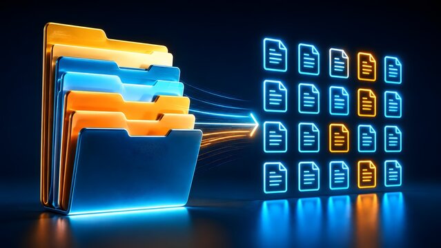 Seamless digital data transfer and information flow between neatly organized folders and dynamic glowing document icons, illustrating efficient file management and cloud solutions.
