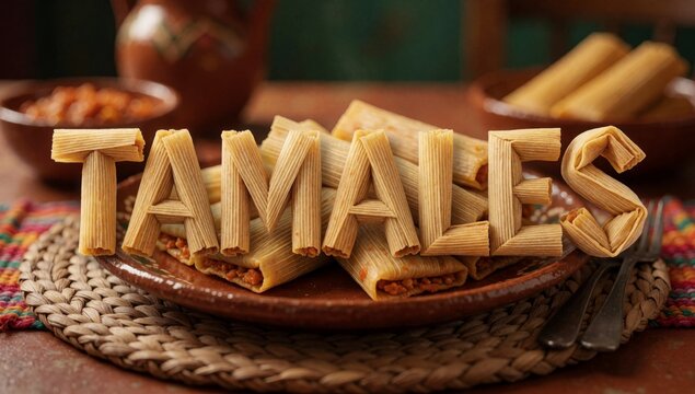 Plate tamales woven placemat arranged circular pattern word spelled capital letters center brown appears made