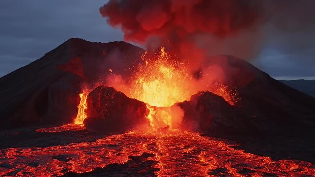 Volcano eruption spewing lava and ash into the twilight sky, a powerful display of geological forces and natural disaster