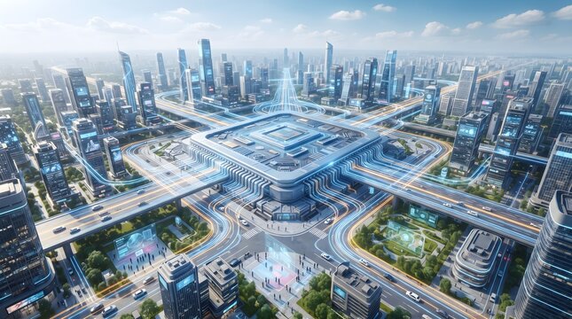 Aerial view of a modern smart metropolis integrated with a giant futuristic central computer processor chip, emitting glowing fiber optic light trails connecting surrounding skyscrapers.