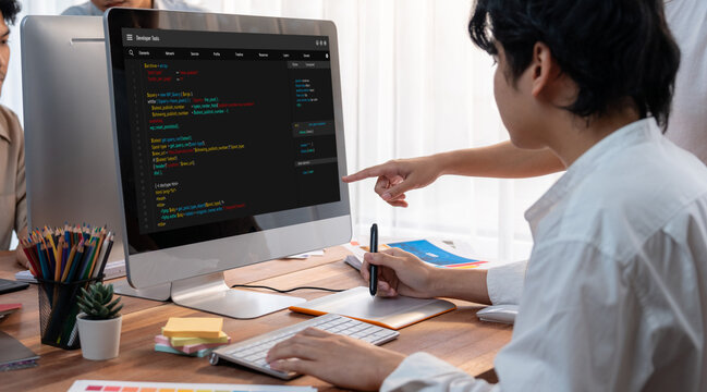 Software development programming on computer screen for brisk application and program coding