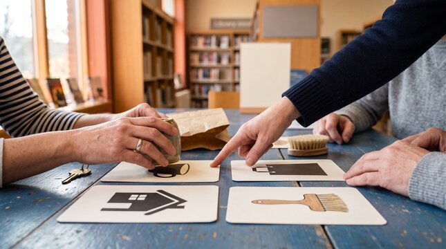 Hands match everyday objects with Dutch conversation cards