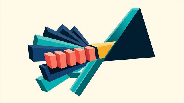 Abstract 3d geometric composition with rectangular blocks and triangular shapes in teal and orange