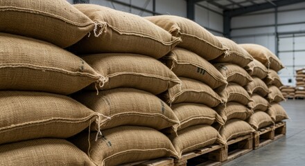 Fototapeta premium Jute sack bags stacked on pallets in warehouse storage industrial setting