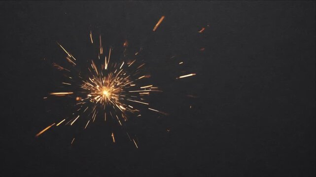 Cinematic macro spark firework explosion with glowing orange ember flame and sparkler particle energy burst dark black surface texture background creating dynamic fire motion and dramatic light effect