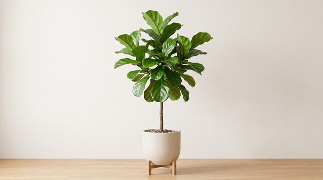 Healthy fiddle leaf fig tree in ceramic pot with lush green leaves for indoor decoration, tropical houseplant, botanical and modern interior design concepts