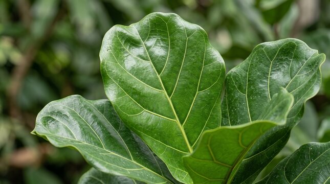 Close up fiddle leaf fig leaves with glossy texture and natural veins for botanical backgrounds, tropical foliage and interior plant concepts