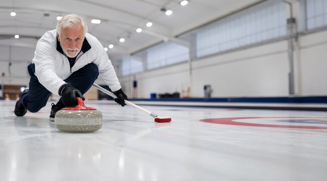Senior man playing curling on ice rink copy space