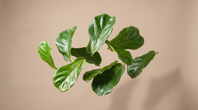 Floating fiddle leaf fig leaves on minimalist background for tropical botanical design, natural decoration and modern foliage concepts