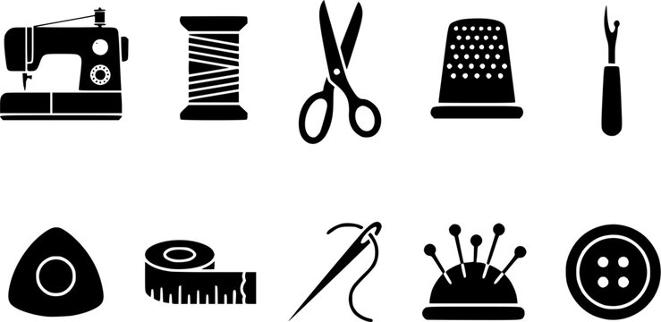 Sewing & Tailoring Tools Mix Silhouette Icon Set. Collection of sewing & tailoring silhouettes, including sewing tools, tailoring, collection, mix, and more.