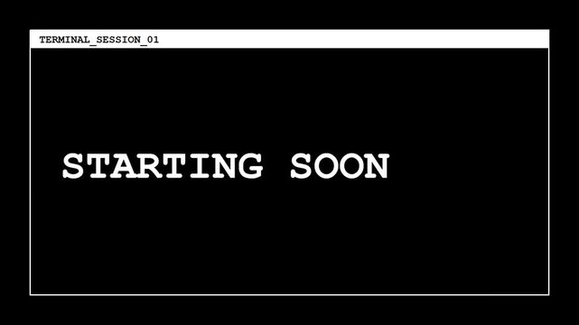 Retro Computer Terminal Screen with Typing Starting Soon Text Animation for Live Streaming Overlay