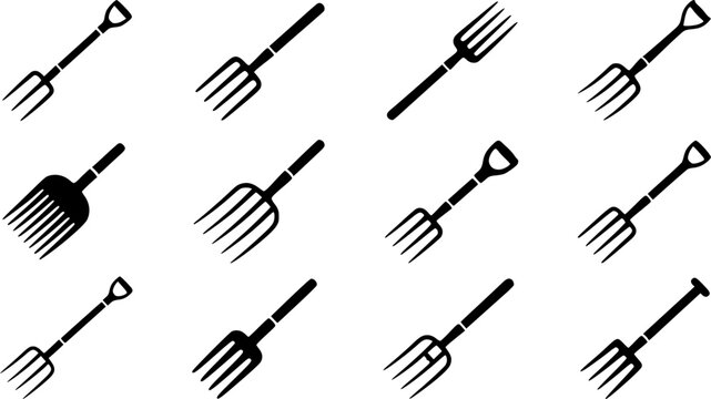 Pitchfork & Hay Fork Silhouette Icon Set. Collection of farm & agriculture silhouettes, including pitchfork, hay fork, farm tool, haystack, and more.