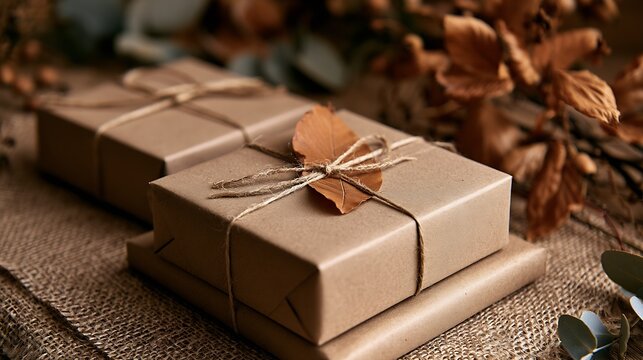 Eco friendly kraft paper gift boxes tied with jute twine and dried leaves on burlap background