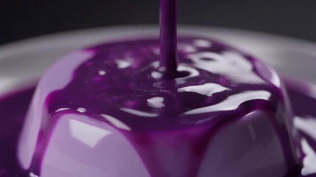 Elegant purple cream puff (choux pastry) dessert with smooth glaze, thick lavender chocolate sauce poured slowly creating beautiful drips, captured in slow motion