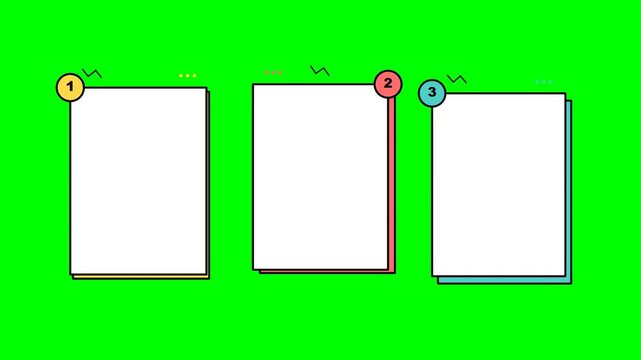 Three blank white picture frames on green background with colorful pins.