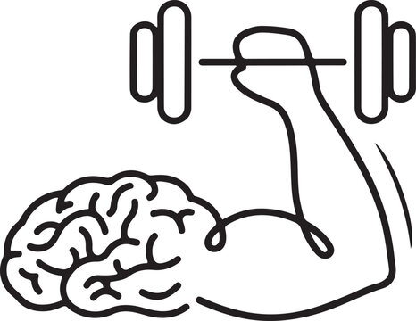 Train Your Brain Concept, Single continuous line drawing of strong muscular human brain lifting barbell logo label. Fresh smart health character logotype icon concept. One line Art icon drawing