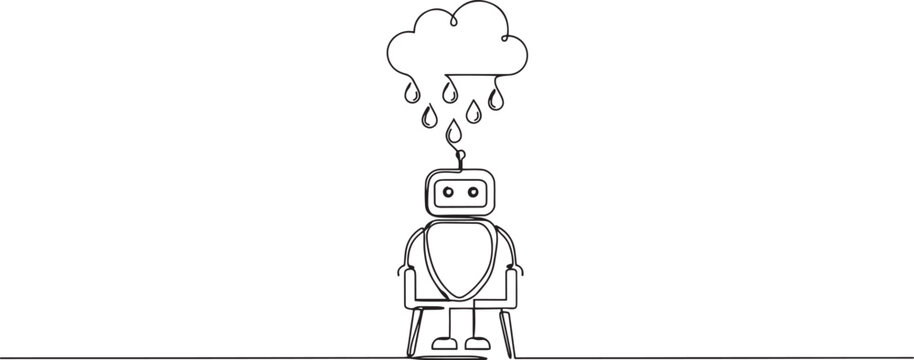 Continuous One Line Drawing of robot sitting on chair under rain cloud. Future technology development. Artificial intelligence and machine learning processes. One line Art icon drawing