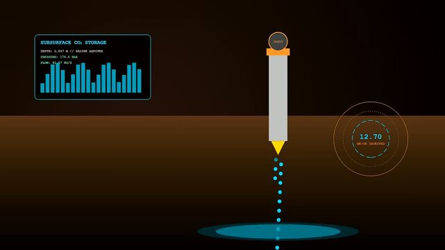 Industrial carbon sequestration process shown with subterranean injection pipes and blue digital data panels displaying pressure levels and flow rates in a dark virtual simulation environment